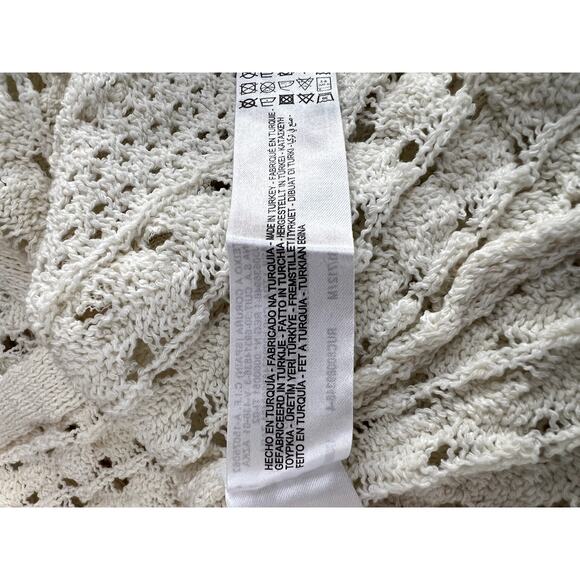 Zara Pointelle Open Knit With Ruffles Ivory Ecru Long Sleeve Button Up Sweater M - Picture 7 of 8